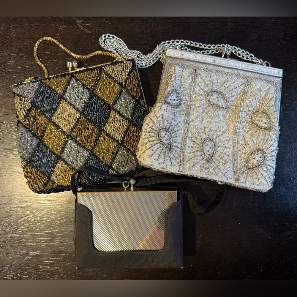 Lot of 3 
Vintage MCM Beaded Clutch & Metal Makeup Purse